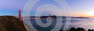 Panorama view of Golden Gate bridge on twilight time.