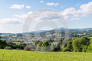 Panorama view of Grafenau in the bavarian forest with mountains small and big Rachel and mountain Lusen