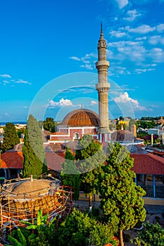 Panorama view of Greek town Rhodos with the Suleiman mosque