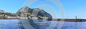 A panorama view of the harbour of Marina Grande with Mount Solaro and Anacapri in the distance on the island of Capri, Italy