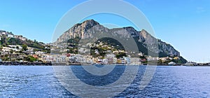 A panorama view from the harbour of Marina Grande with Mount Solaro and Anacapri in the distance on the island of Capri, Italy