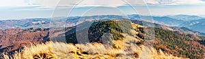 Panorama View from high mountain on picturesque landscape autumn Carpathian. Dramatic sky. Ukraine, Europe