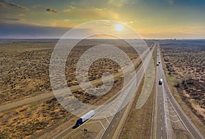 Panorama view of highway in America located west in desert environment near San Jon New Mexico USA