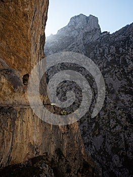 Panorama view of hiking trail path route Senda del Cares cut in Picos de Europa mountains cliff wall Leon Asturias Spain photo