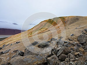 Panorama view of hill landscape in Nordaustlandet. A southern bay of the Wahlenbergfjord. Arctic mountain desert. Svalbard, Norway