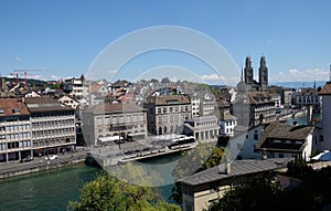 Panorama view of historic city center of Zurich with famous Grossmunster Church