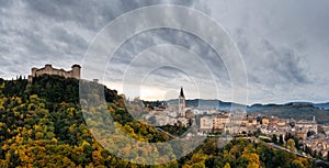 Panorama view of historic Spoleto with the Rocca Albornoziana fortress and cathedral photo