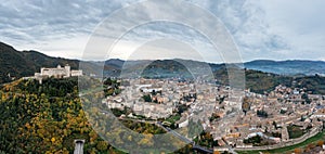 Panorama view of historic Spoleto with the Rocca Albornoziana fortress and cathedral photo