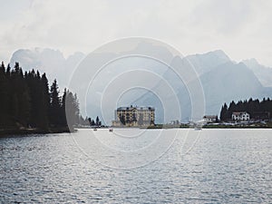 Panorama of hotel at alpine Lago di Misurina lake with Gruppo del Sorapiss mountain Cortina Dolomites South Tyrol Italy