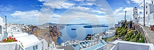 Panorama view from Imerofigli to Fira with the cruise ship waiting by the harbour, Santorini, Greece