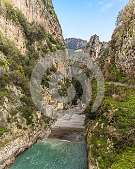 A panorama view of Italy`s only fjord at Fiordo di Furore on the Amalfi Coast, Italy