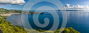 A panorama view of Kingstown bay and the island of Bequia from Fort Charlotte, Kingstown. Saint Vincent