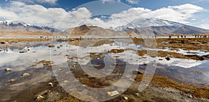 Panorama view of Lake Karakul with Pamir Mountains in the background