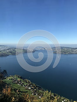 Panorama view of lake lucerne with blue water and clear sky