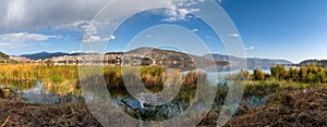 Panorama view of Lake Orestiada and the city of Kastoria in northern Greece