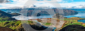 Panorama view, Lake Wanaka in autumn. View from Diamond lake track, Mt aspiring, Wanaka, New Zealand. I