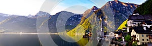 Panorama view of Landscape  which Famous Hallstatt mountain village and alpine lake, Austrian Alps