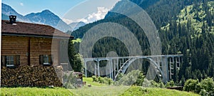 Panorama view of the Langwies Viaduct in the mountains of Switzerland near Arosa