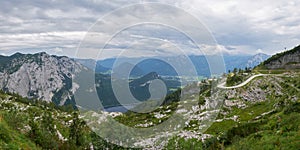 Panorama view from Loseralm restaurant viewpoint towards Altausseer lake, in the Ausseerland, Styria, Austria. No people.