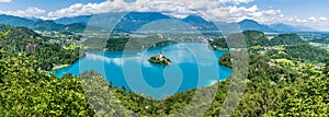 A panorama view from the Mala Osojnica viewpoint above Lake Bled, Slovenia