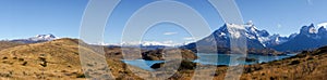 Panorama View from Mirador Pehoe towards the Mountains in Torres del Paine, Patagonia, Chile.