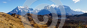 Panorama View from Mirador Pehoe towards the Mountains in Torres del Paine, Patagonia, Chile.