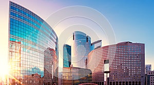 Panorama view of modern skyscrapers in paris at sunset, France