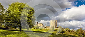 A panorama view of the motte and bailey castle at Conisbrough, UK