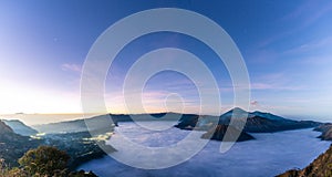 Panorama view of Mount Bromo volcano at sunrise in East Java, Indonesia surrounded by morning fog by morning fog