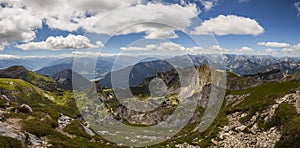 Panorama view from mountain Hochiss to Karwendel mountains in Tyrol photo