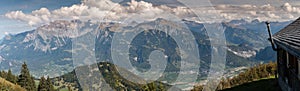 Panorama view of mountain landscape in Switzerland near Maienfeld in the summertime