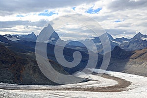 Panorama view with mountain Matterhorn and Gorner Glacier in Pennine Alps, Switzerland