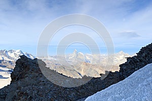 Panorama view with mountain Matterhorn seen from Allalinhorn in Pennine Alps, Switzerland