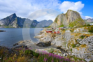 Panorama view mountain and sea at Hamnoy village, Lofoten, Norway