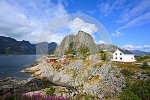 Panorama view mountain and sea at Hamnoy village, Lofoten, Norway