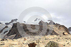 Panorama view with mountain summit Dufourspitze in mountain massif Monte Rosa in Pennine Alps, Switzerland