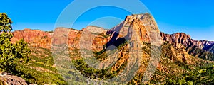 Panorama View of Nagunt Mesa, and other Red Rock Peaks of the Kolob Canyon part of Zion National Park, Utah, United Sates