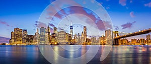 Panorama view of New York City downtown skyline at night