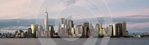 Panorama view New York city lower Manhattan skyline at twilight