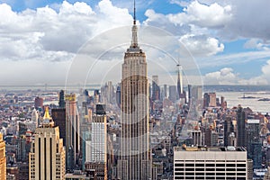 Panorama view of New York city skyline and skyscrapers at sunset