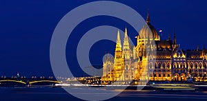 Panorama view in the night scene with building of Hungarian parliament at Danube river in Budapest city