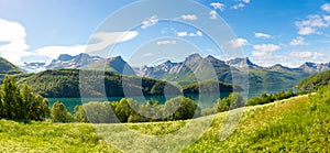 Panorama view on Nordfjorden and Svartisen glacier at Meloy, Norway