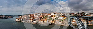 Panorama view of the old city and Ponte Luis Bridge across the Duoro River in Porto, Potugal