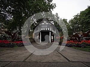 Panorama view of old traditional historic building in urban Soho square garden London England Great Britain UK Europe