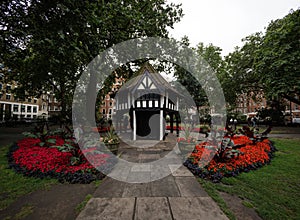 Panorama view of old traditional historic building in urban Soho square garden London England Great Britain UK Europe