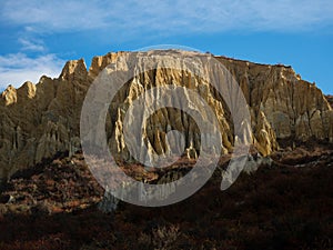 Panorama view of Omarama Clay Cliffs geological natural erosion silt and sand rock formation in Canterbury New Zealand