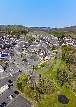 A panorama view over the castle ruins and town of Llandovery, Carmarthenshire, South Wales