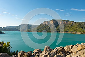 Scenic landscape of a blue water lake. Balnear springs of Montanejos, Spain. photo