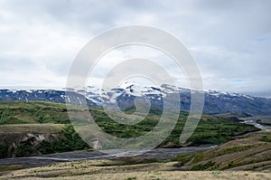 Panorama view over eyjafjallajÃ¶kull and thorsmork at Iceland