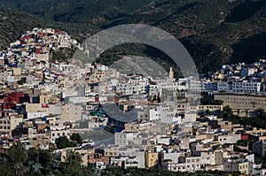 Panorama view over the holy city of Moulay Idriss Zerhoun including the tomb and Zawiya of Moulay Idriss, Middle